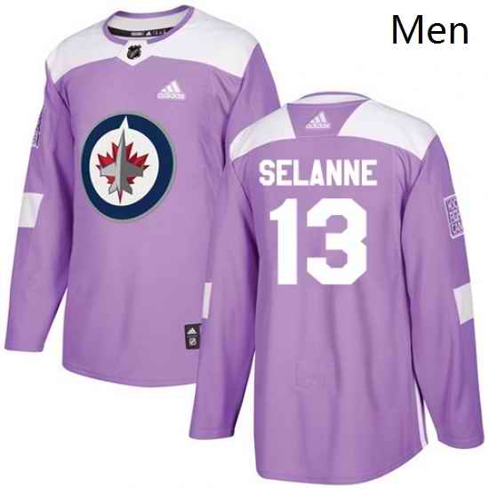 Mens Adidas Winnipeg Jets 13 Teemu Selanne Authentic Purple Fights Cancer Practice NHL Jersey